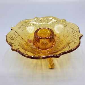 Vtg Fostoria  Amber Glass Floral Footed Candle Holder Home Table Decor